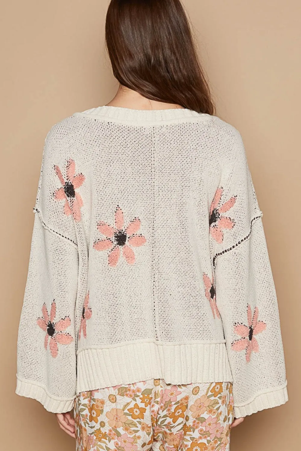 Ivory V-Neck Floral Pattern Chenille Sweater