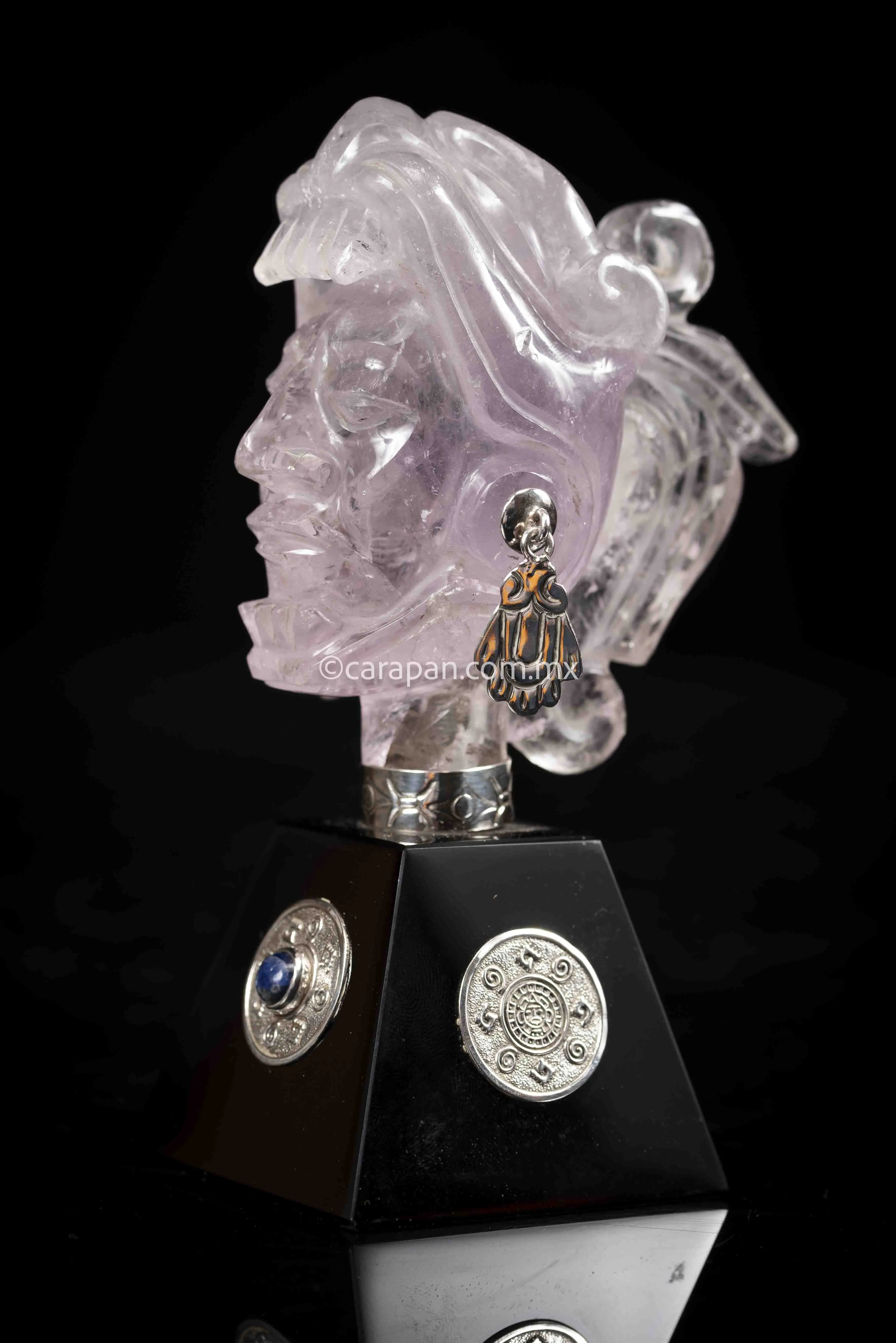 Jaguar Knight Aztec Warrior Sculpture Amethyst, Silver & Obsidian