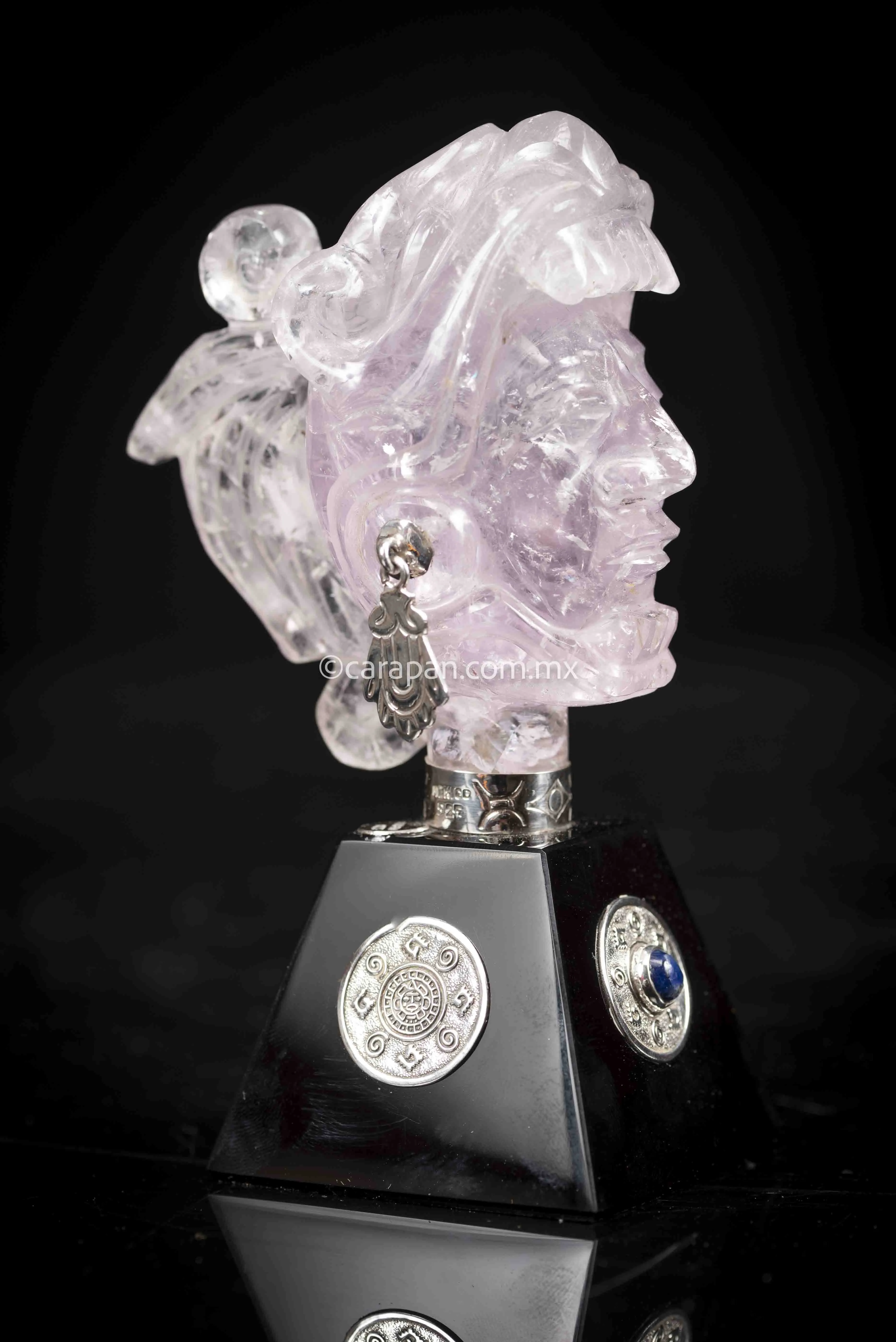 Jaguar Knight Aztec Warrior Sculpture Amethyst, Silver & Obsidian