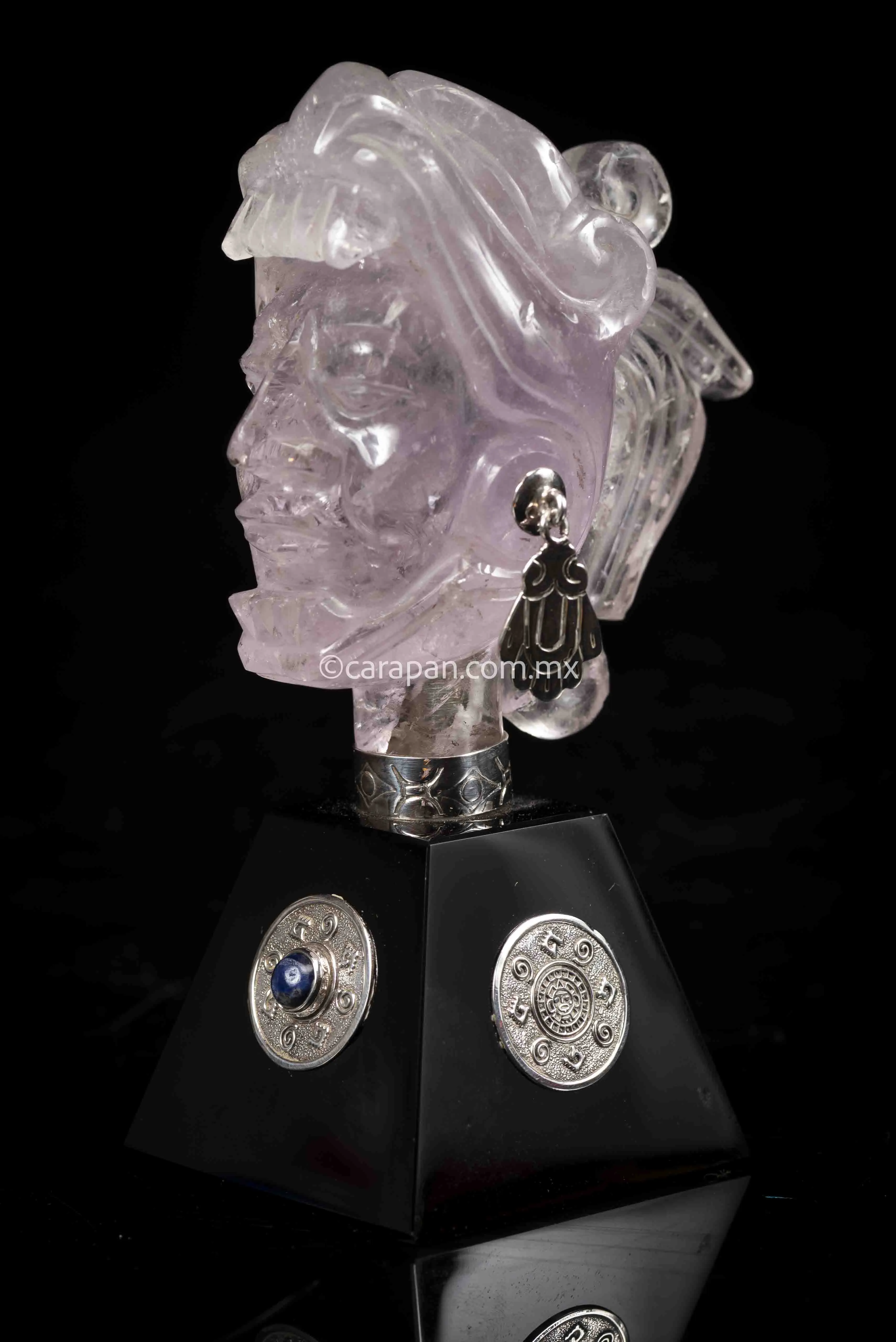 Jaguar Knight Aztec Warrior Sculpture Amethyst, Silver & Obsidian