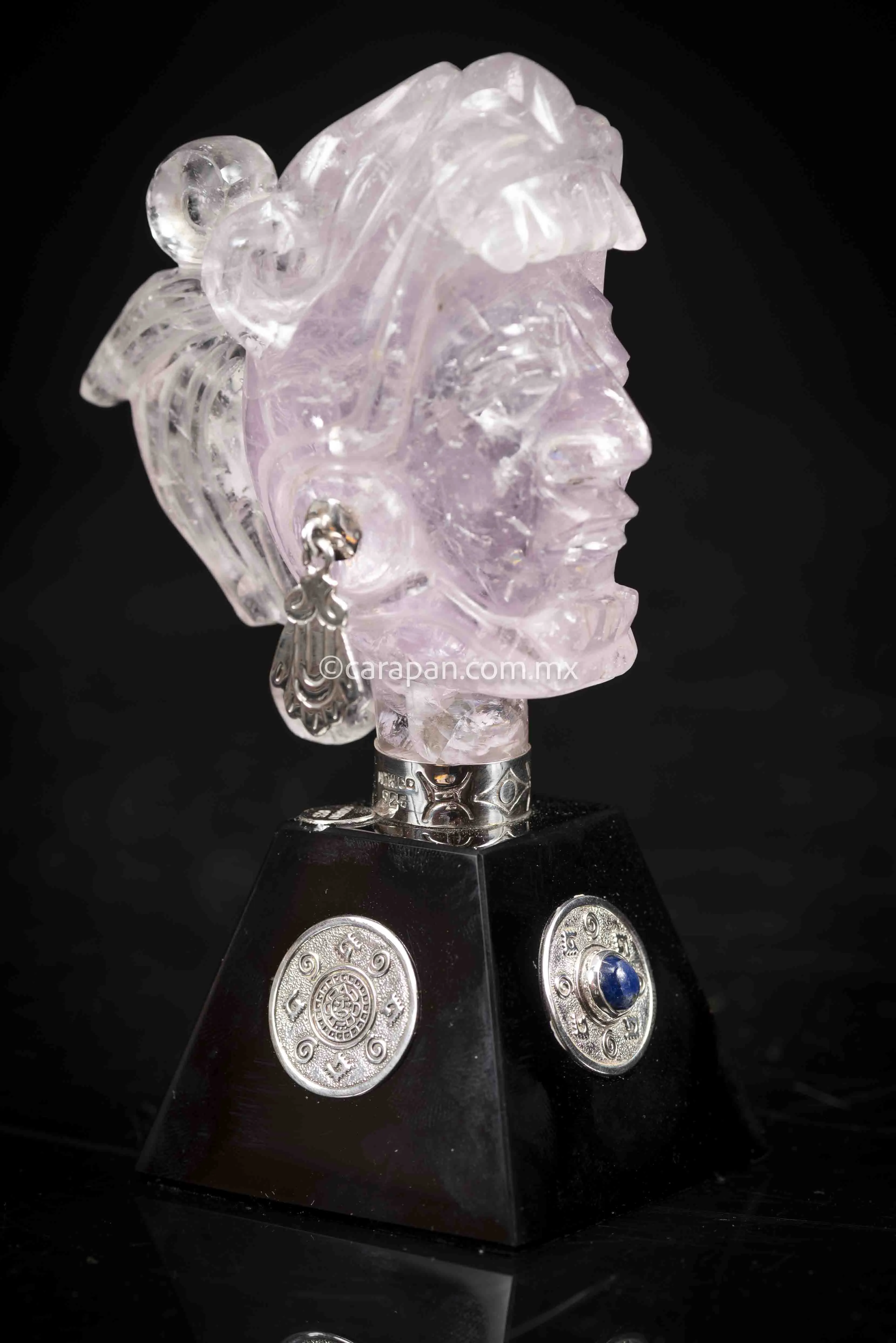 Jaguar Knight Aztec Warrior Sculpture Amethyst, Silver & Obsidian