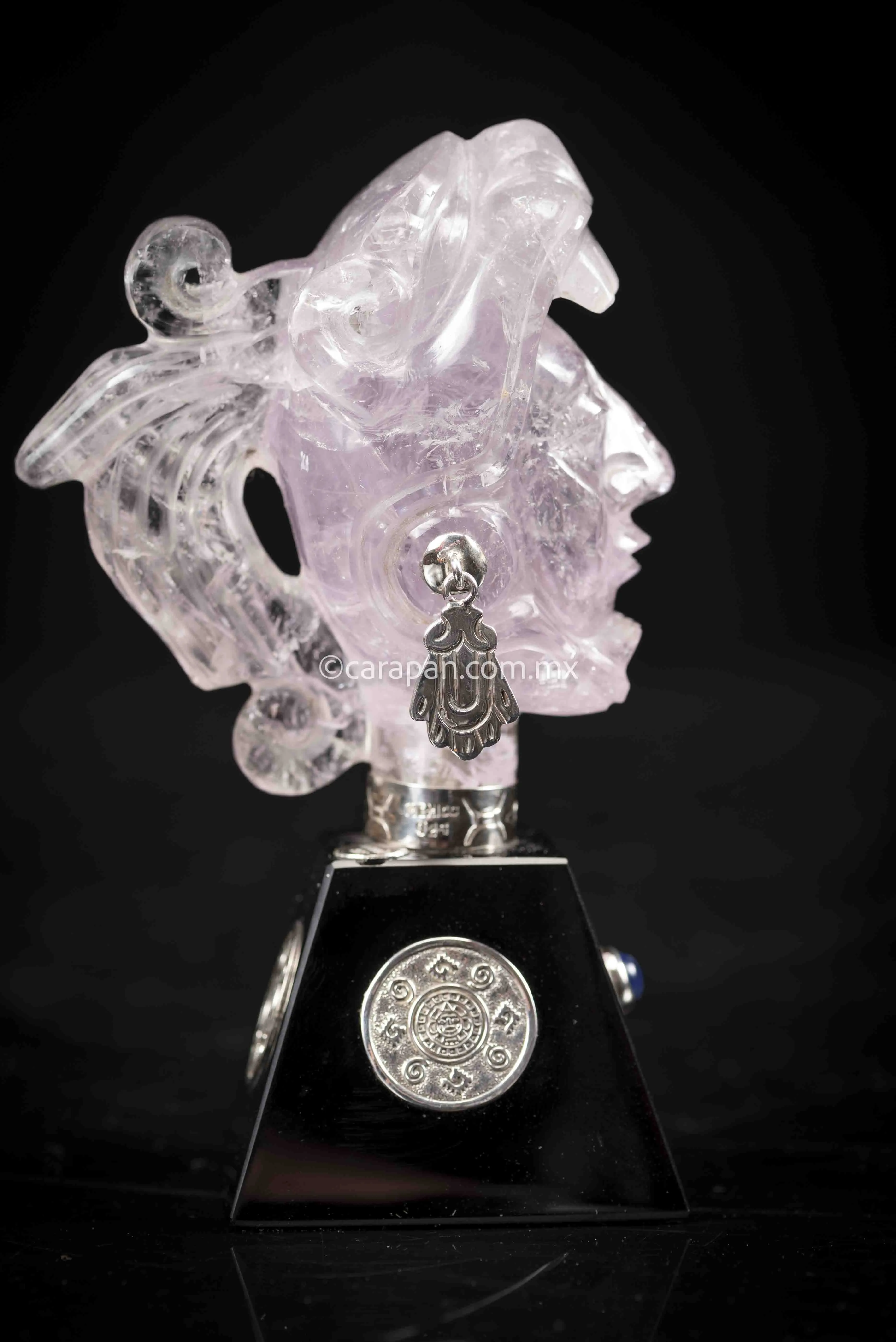 Jaguar Knight Aztec Warrior Sculpture Amethyst, Silver & Obsidian