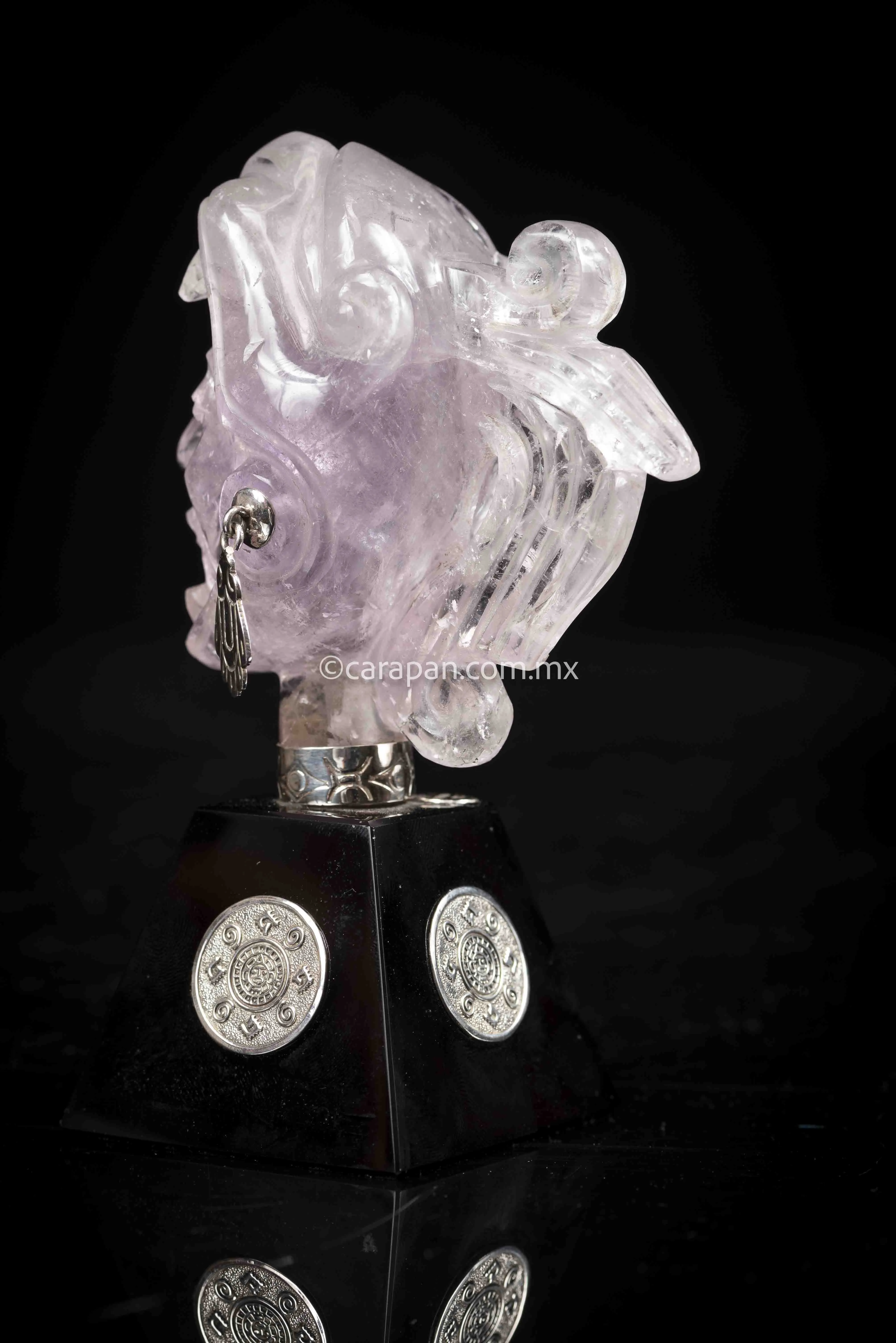 Jaguar Knight Aztec Warrior Sculpture Amethyst, Silver & Obsidian