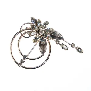 Krementz Silver and Rhinestone Spray Brooch, Pin, Floral, Wedding, Bridal