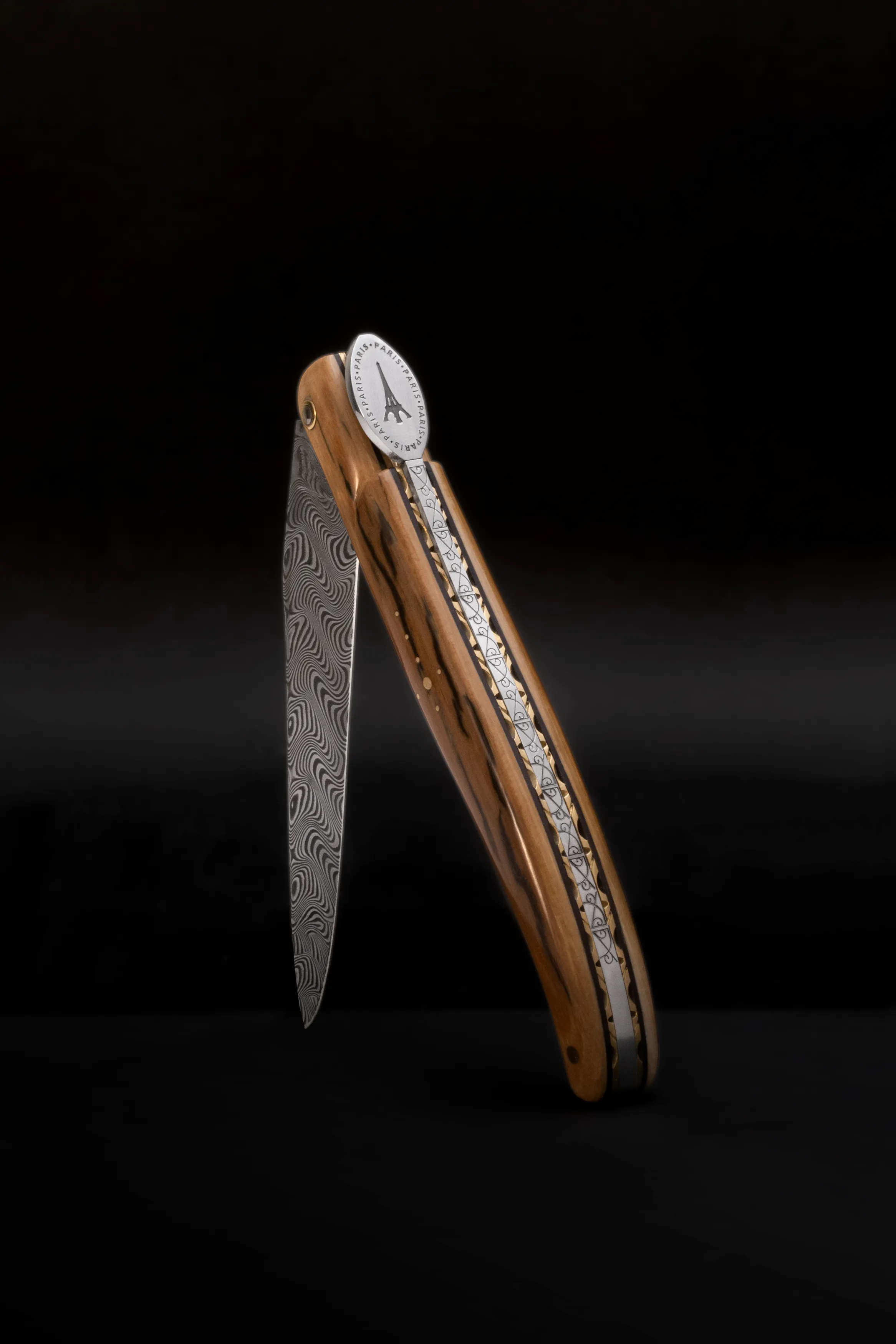 Laguiole en Aubrac Prestige Eiffel Tower Luxury Multipurpose Knife, 4.8-in (12cm), Ivory Crust Handle, Damascus Blade