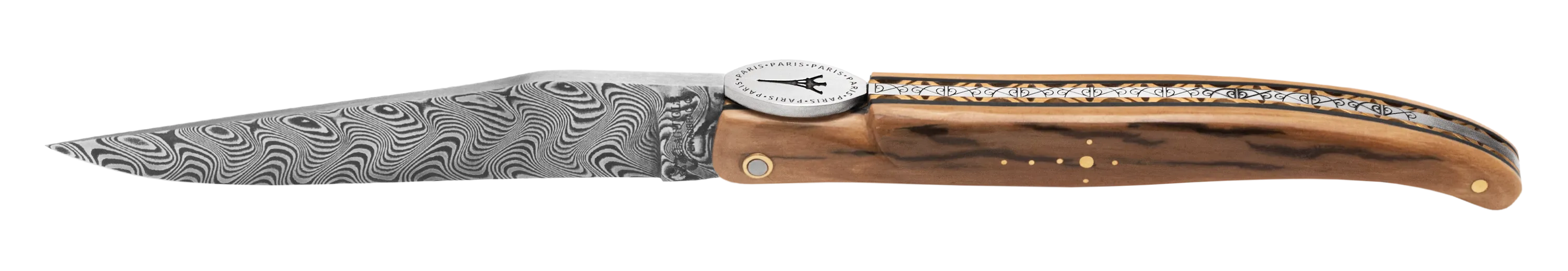 Laguiole en Aubrac Prestige Eiffel Tower Luxury Multipurpose Knife, 4.8-in (12cm), Ivory Crust Handle, Damascus Blade