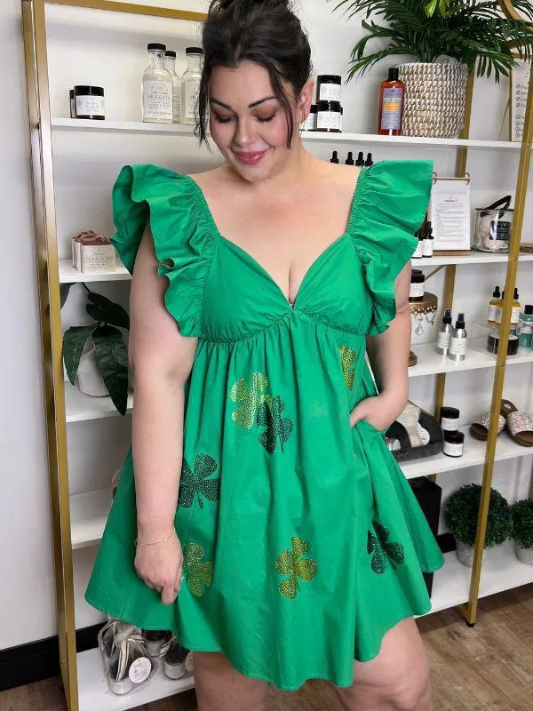Lily Mae Green Dress with Ruffled Shoulders and Rhinestone Clovers