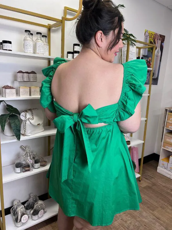 Lily Mae Green Dress with Ruffled Shoulders and Rhinestone Clovers