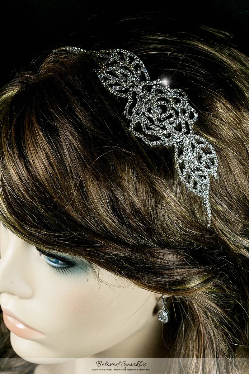 Lorel Large Rose Rhinestone Silver Headband | Rhinestone