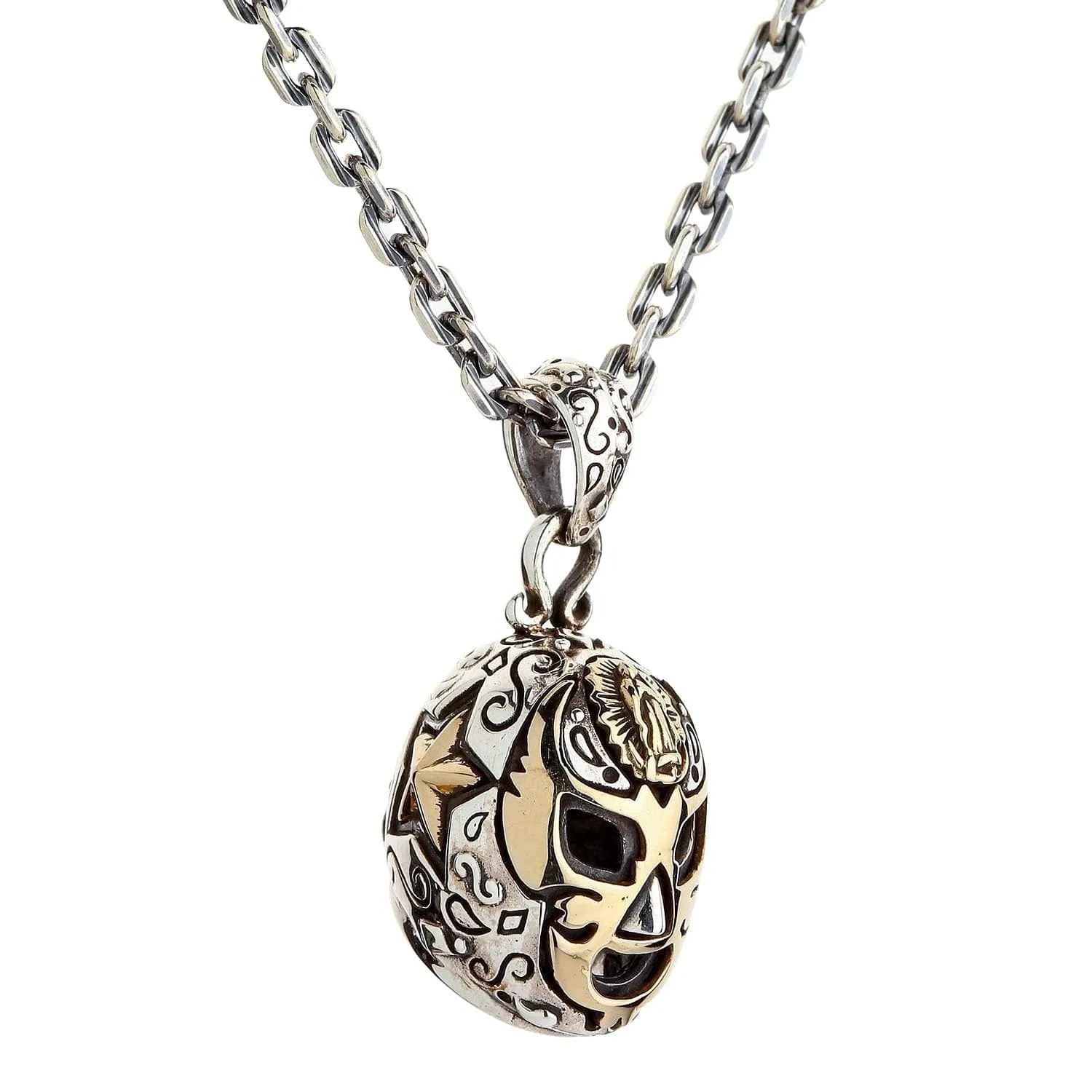 Lucha Libre Mexican Mask Sterling Silver Brass Pendant Necklace