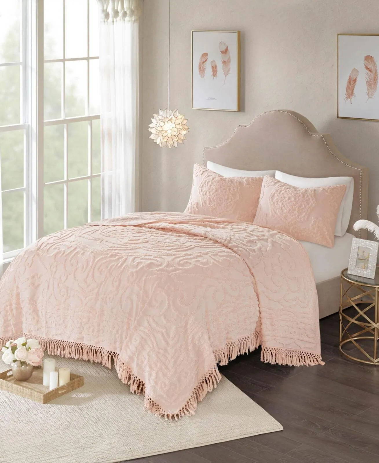 Madison Park Laetitia Medallion Fringe 3-Pc Quilt Set Blush Pink King / Cal King