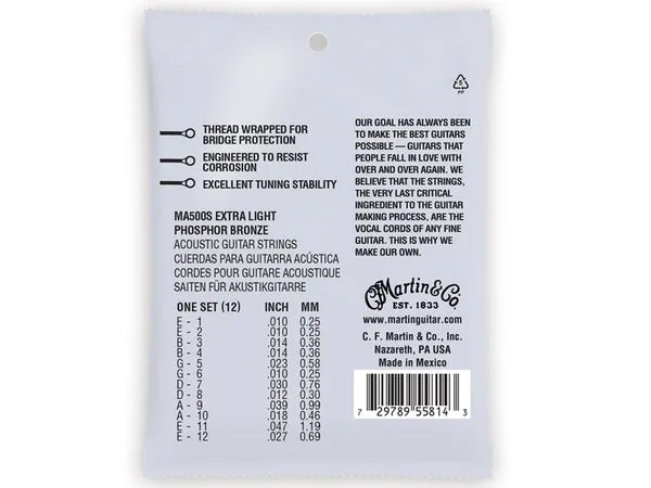 MARTIN MA500S EXTRA LIGHT 10 - 47 PHOSPHOR BRONZE 12 STRING AUTHENTIC ACOUSTIC MARQUIS® SILKED GUITAR STRINGS