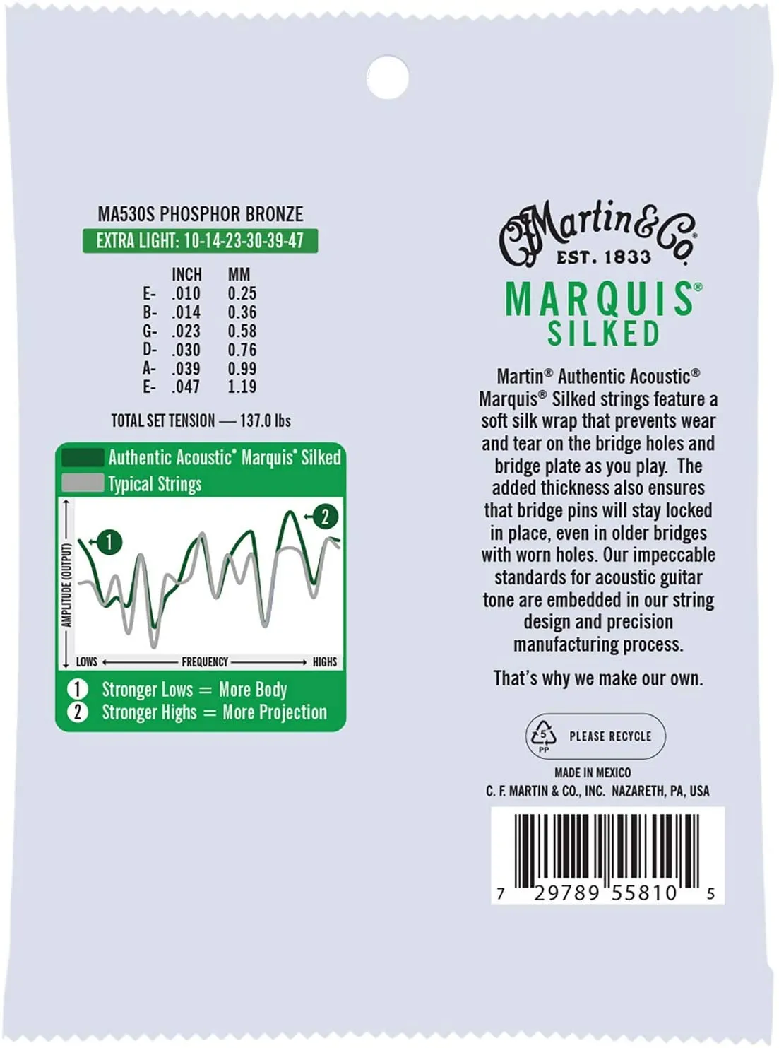 MARTIN MA530S EXTRA LIGHT 10 - 47 PHOSPHOR BRONZE AUTHENTIC ACOUSTIC MARQUIS® SILKED GUITAR STRINGS