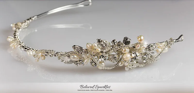 MayKayla Pearl Ribbon Silver Headband | Swarovski Crystal