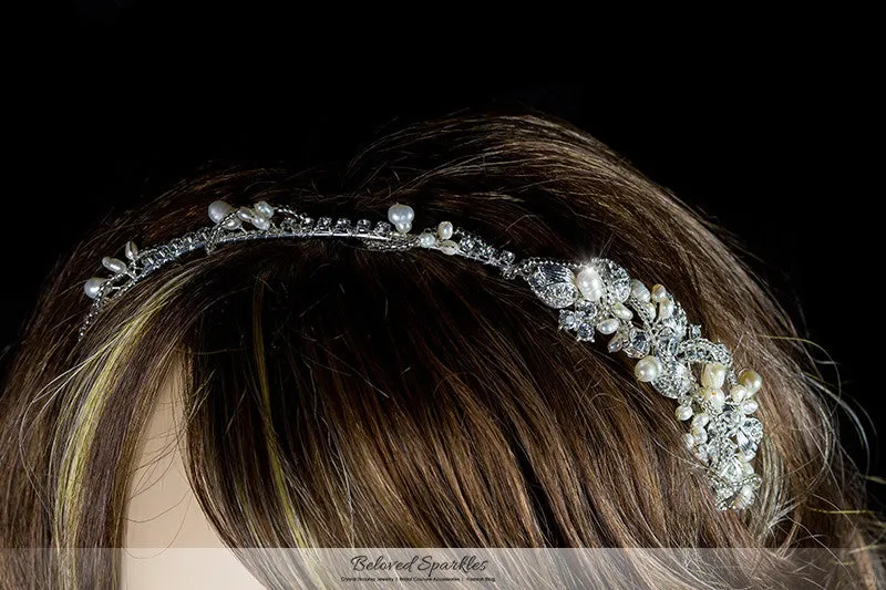 MayKayla Pearl Ribbon Silver Headband | Swarovski Crystal