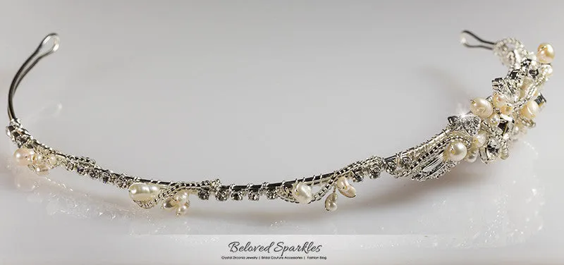 MayKayla Pearl Ribbon Silver Headband | Swarovski Crystal