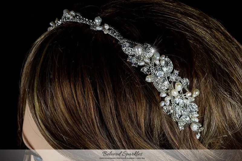 MayKayla Pearl Ribbon Silver Headband | Swarovski Crystal