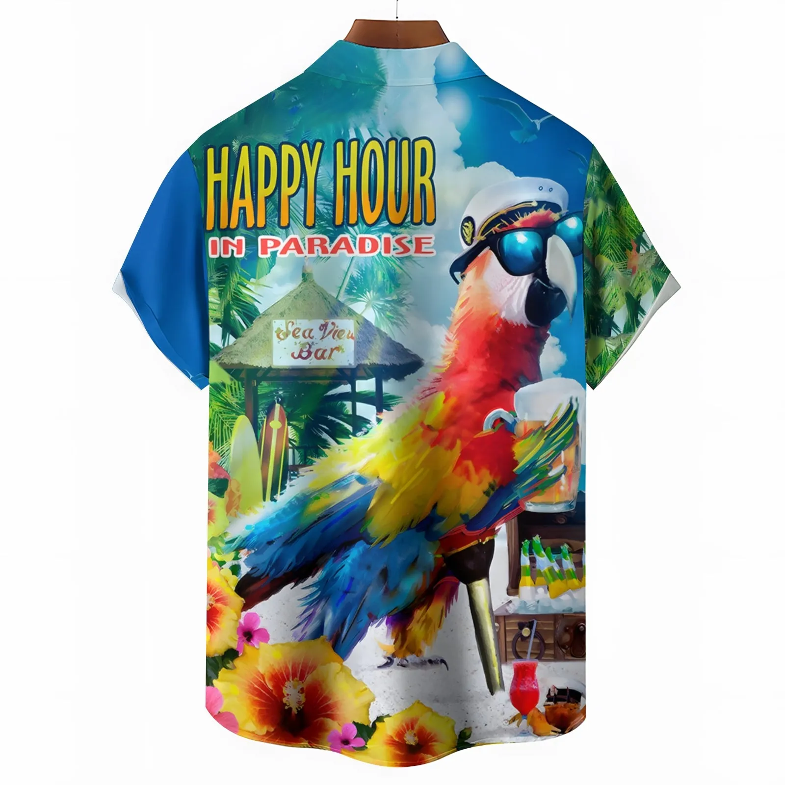 Men's Hawaiian Parrot Beer Print Casual Short Sleeve Shirt 2404001293