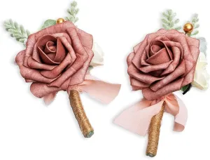 Men's Vintage Dusty Rose Corsage Groom Groomsmen Boutonniere with Pins Soft Touch Foam for Rustic Wedding Prom Flower Anniversary Ceremony Homecoming Dance Event Party Set of 2 X2