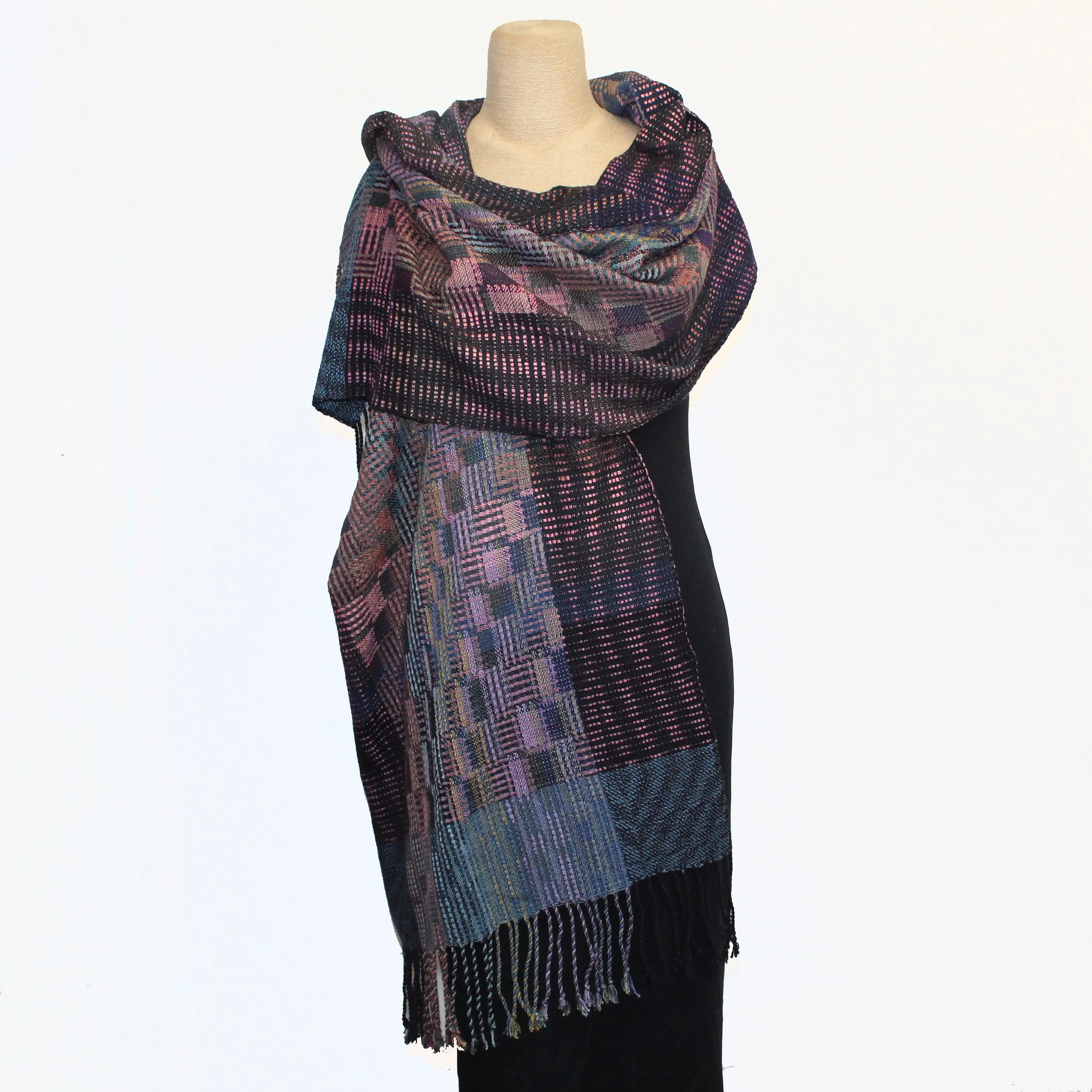 Muffy Young Shawl, Squares & Bars, Teal/ Multi Soft Colors
