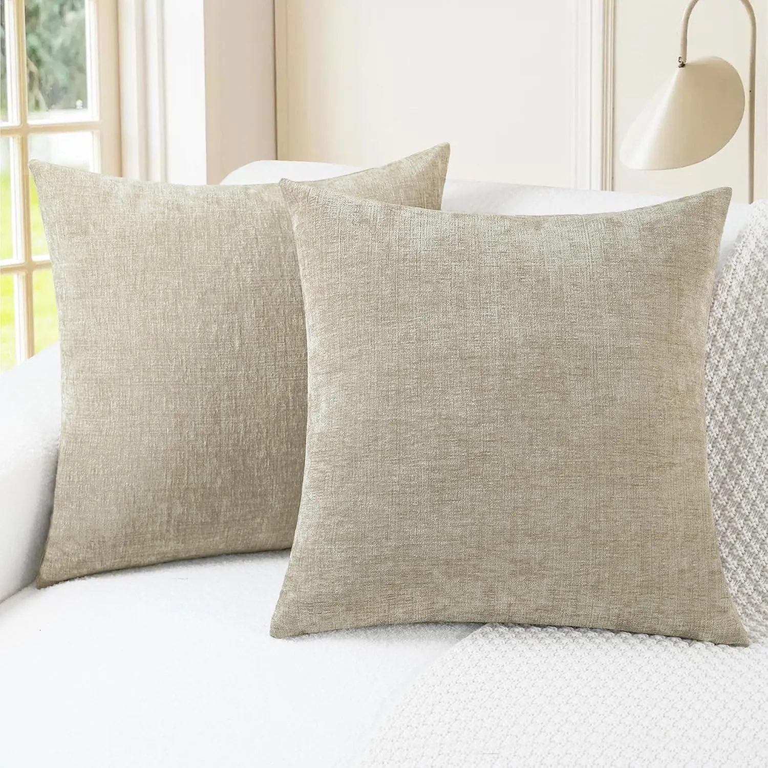 New CaliTime Pack of 2 Cozy Throw Pillow Covers Cases for Couch Sofa Home Decoration Solid Dyed Soft Chenille 18 X 18 Inches Light Taupe