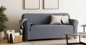 New Retail $55 SmartFit Blue Chenille Stretch Sofa Recycled Fabric Slipcover with Performance Fabric, 1-Piece Furniture Cover, Blue, Fabric slipcover