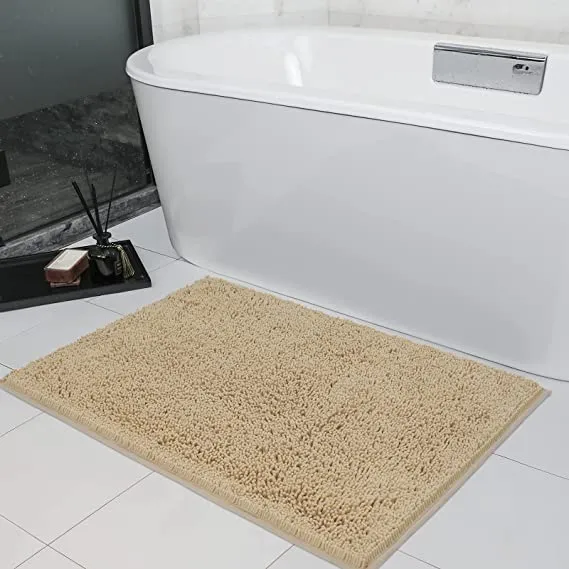 Non Slip Soft Chenille Bath Mat for Bathrooms Water Absorbent Fluffy Plush Rugs for Indoor Entryway Multiuses, 24 x 35 Inches Beige