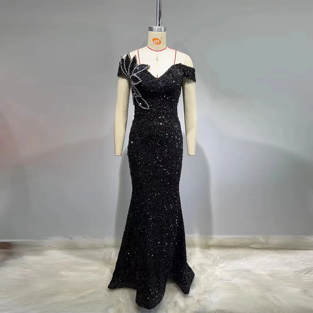 Off Shoulder Sleeveless Rhinestone Maxi Bodycon Dress HT1000