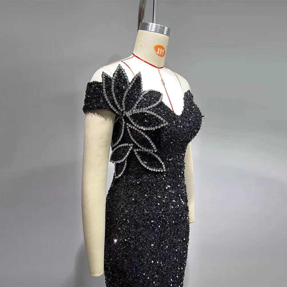 Off Shoulder Sleeveless Rhinestone Maxi Bodycon Dress HT1000