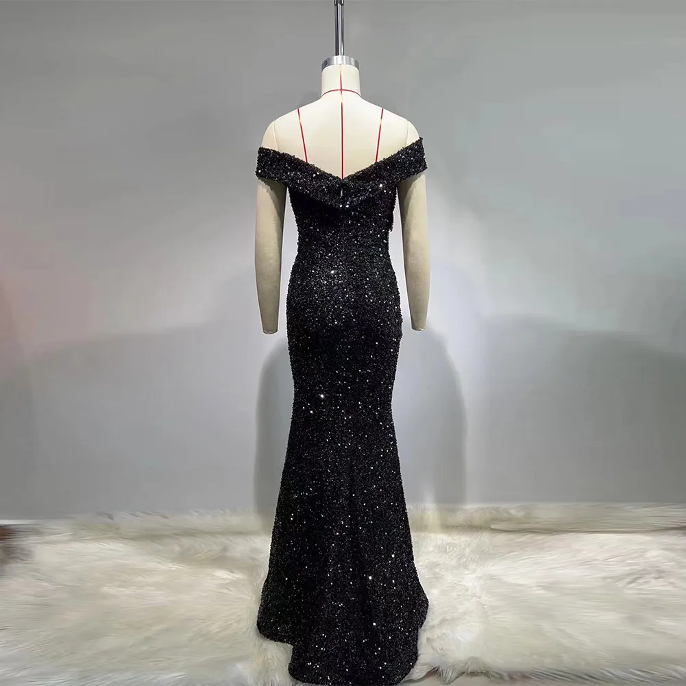 Off Shoulder Sleeveless Rhinestone Maxi Bodycon Dress HT1000