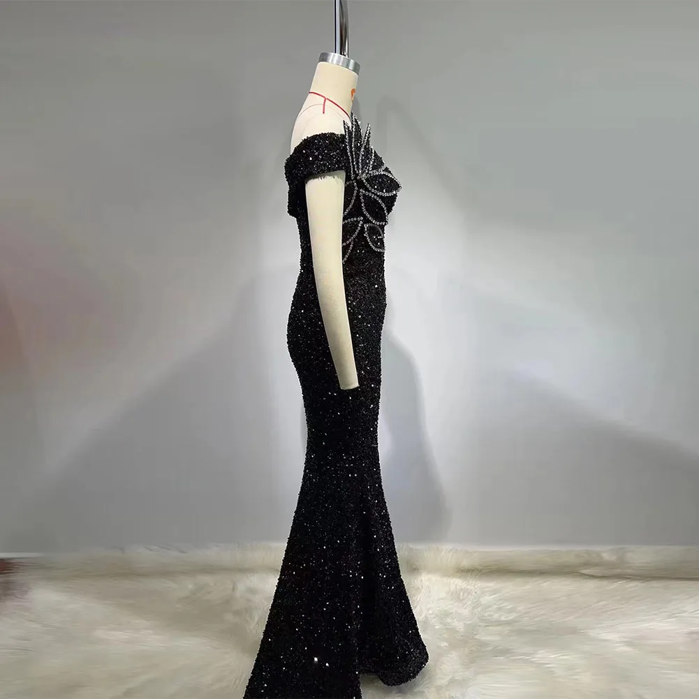 Off Shoulder Sleeveless Rhinestone Maxi Bodycon Dress HT1000