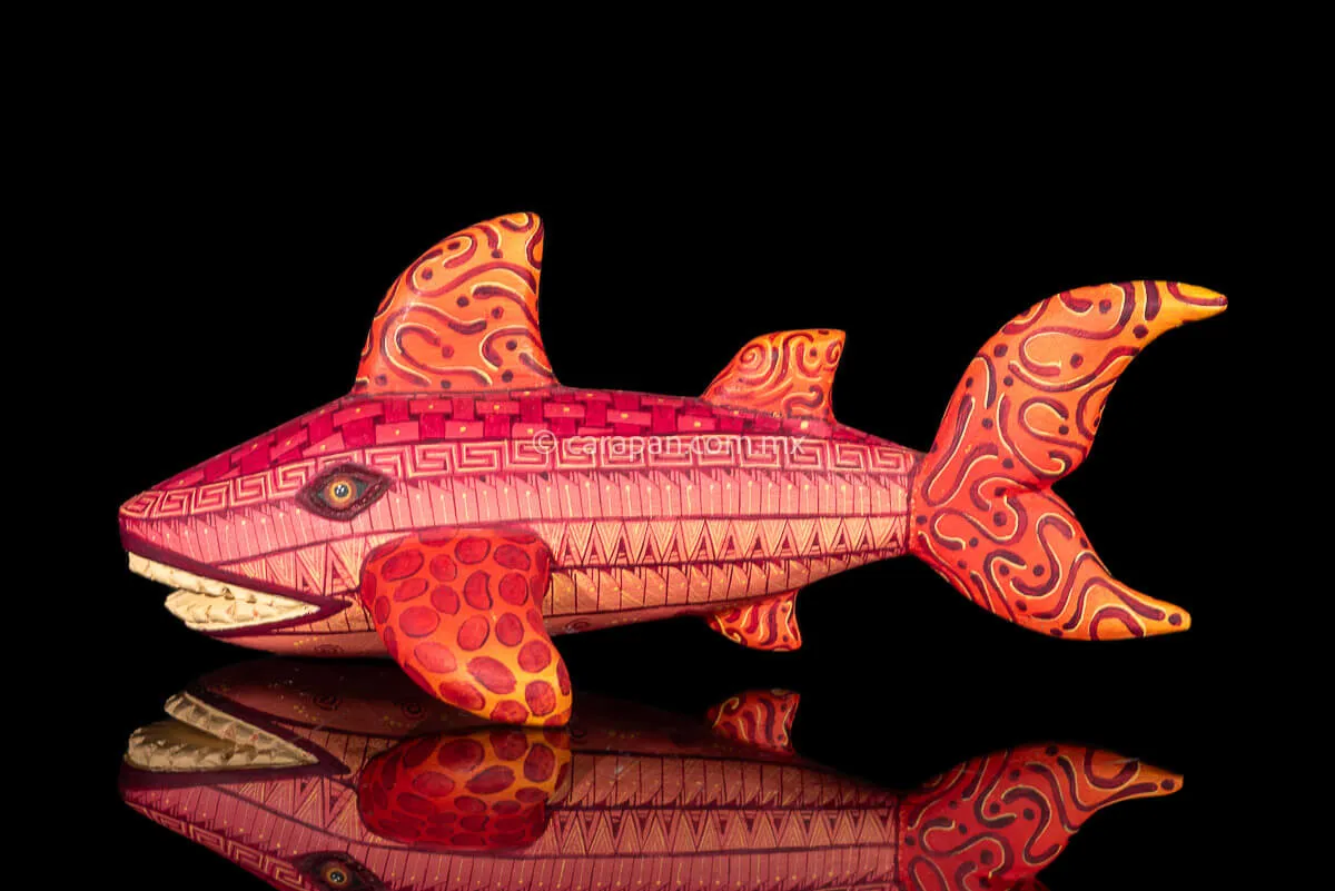 Orange Shark Fine Mexican Wood Carving Alebrije