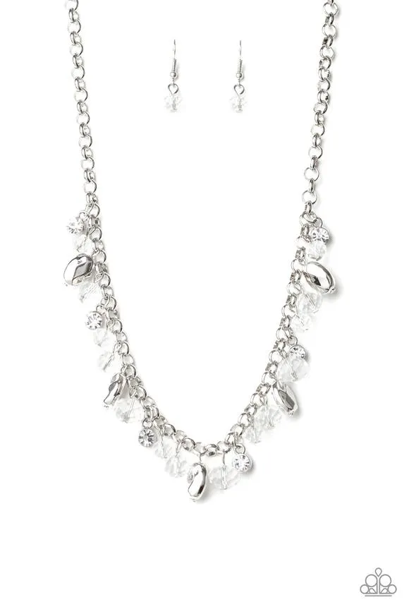Paparazzi " Downstage Dazzle " Silver Beads & White/Clear Rhinestone Necklace Set
