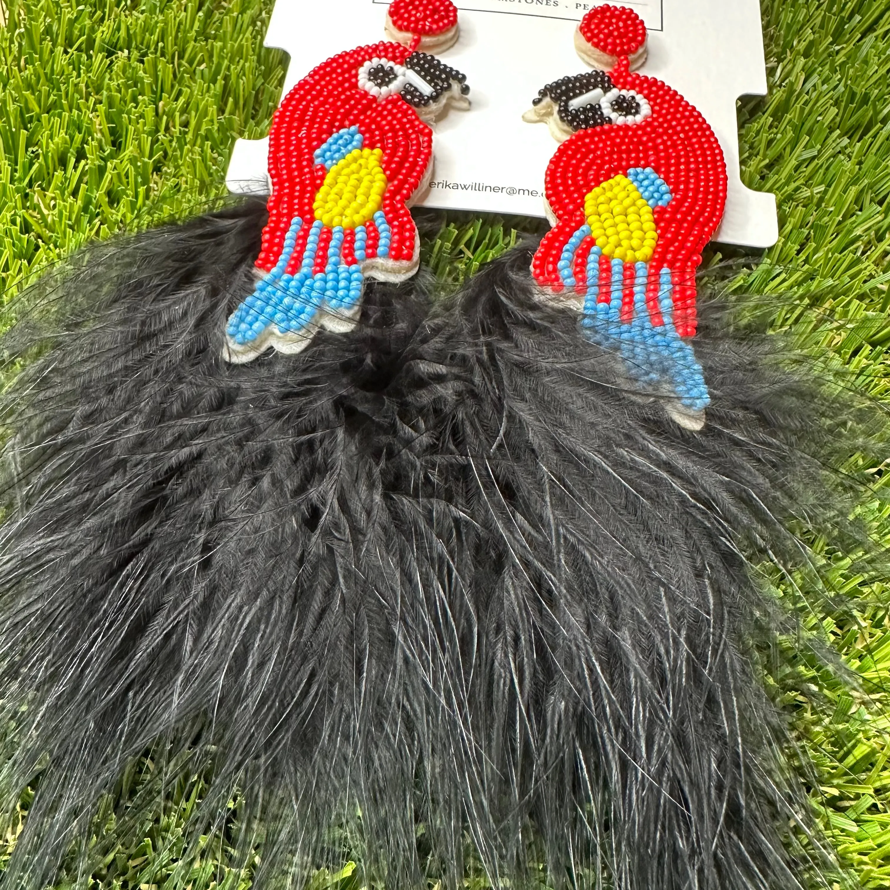 Parrot Beaded with Feather Tropical Tassel Earrings 230-4 | Erika Williner Designs