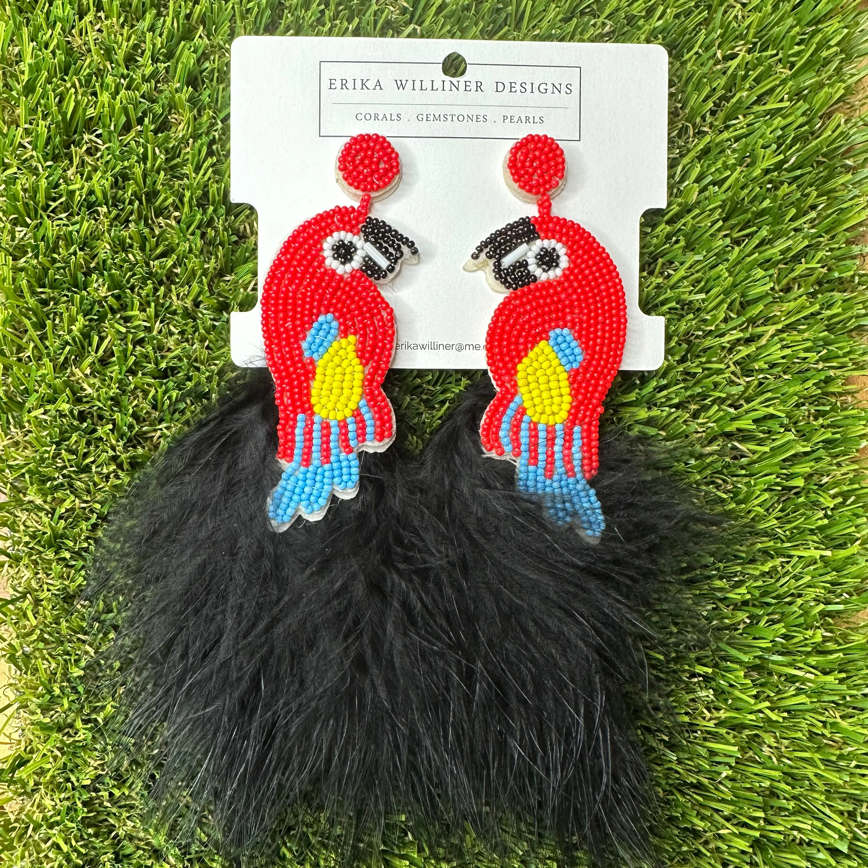 Parrot Beaded with Feather Tropical Tassel Earrings 230-4 | Erika Williner Designs