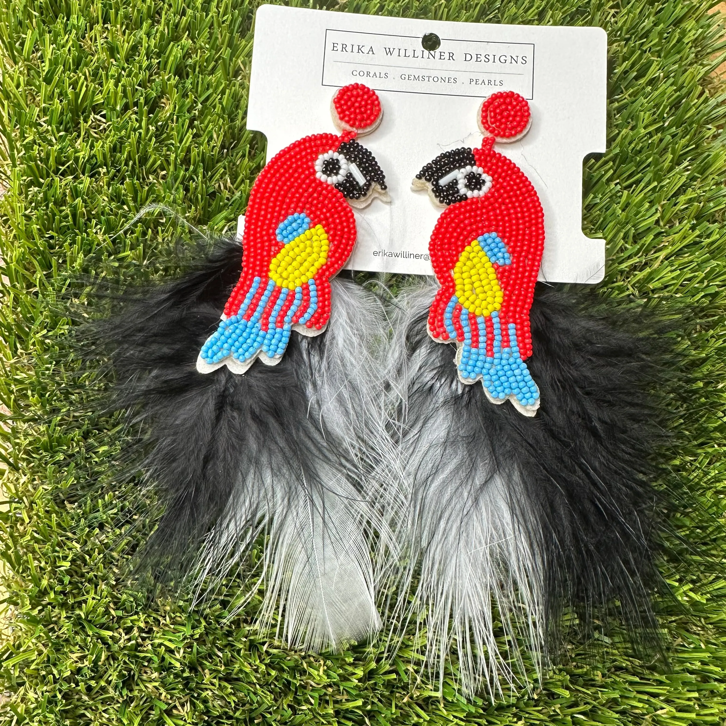 Parrot Beaded with Feather Tropical Tassel Earrings 230-4 | Erika Williner Designs
