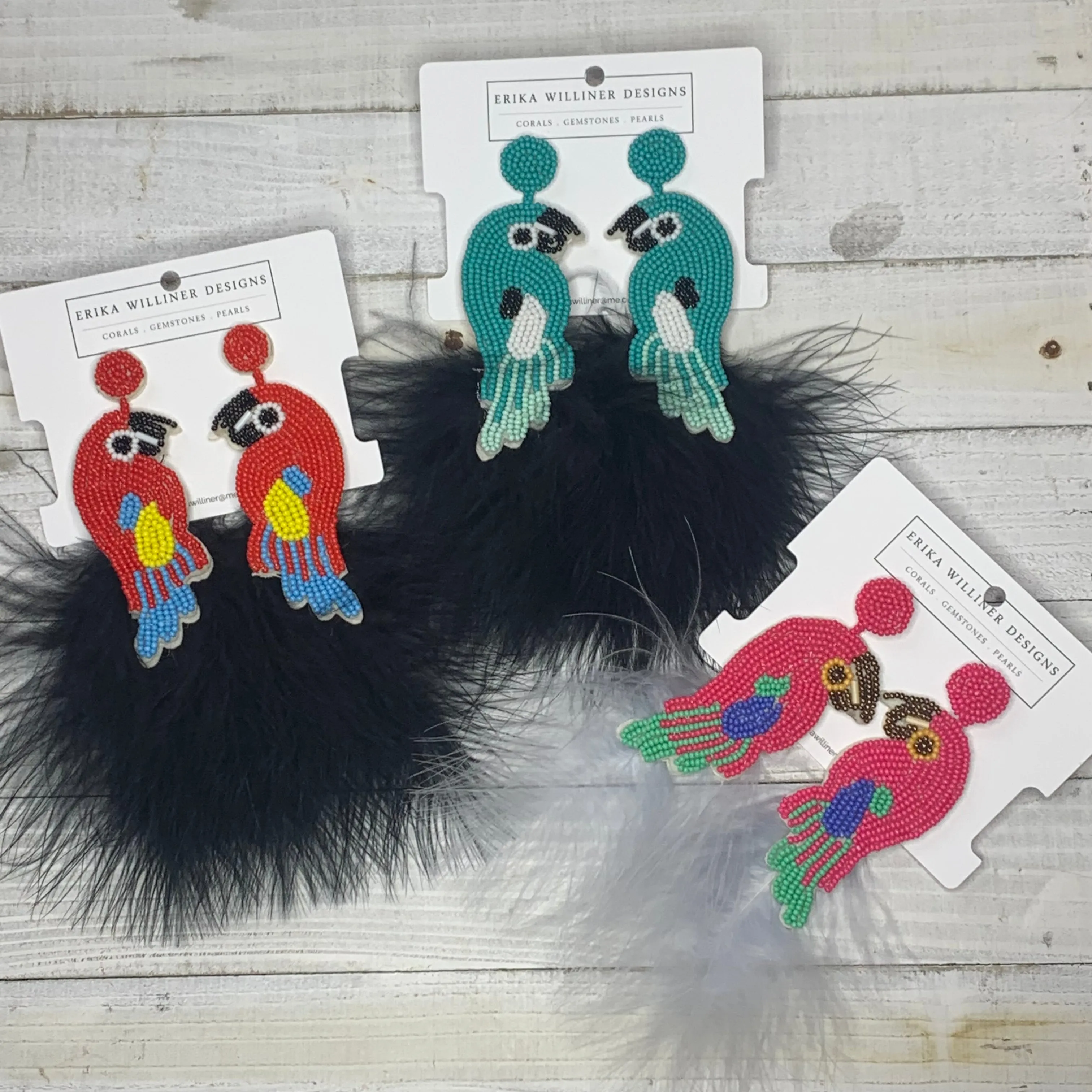 Parrot Beaded with Feather Tropical Tassel Earrings 230-4 | Erika Williner Designs