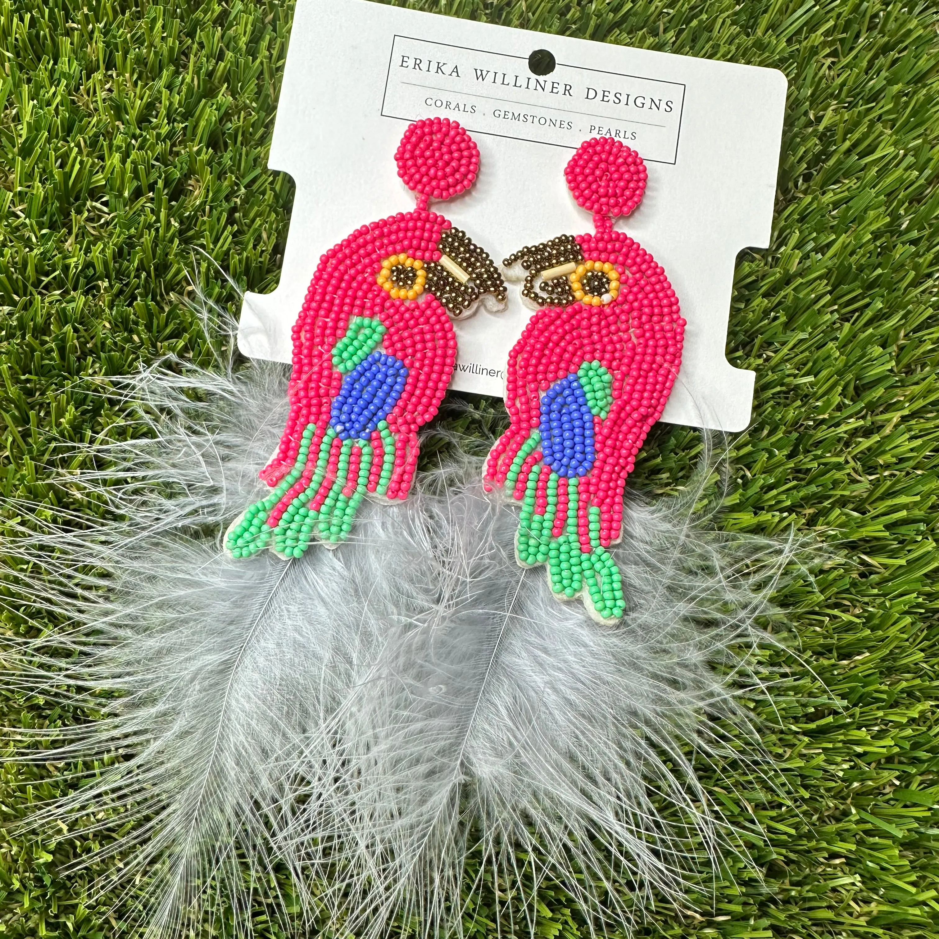 Parrot Beaded with Feather Tropical Tassel Earrings 230-4 | Erika Williner Designs