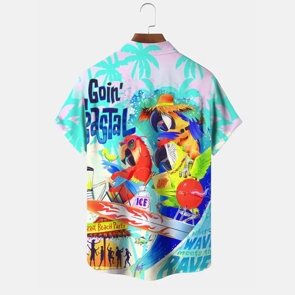 Parrot Coconut Tree Button Pocket Leisure Vacation Shirt