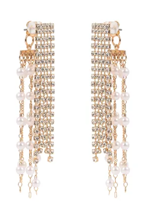 PEARL RHINESTONE FRINGE FRONT BACK DROP EARRINGS