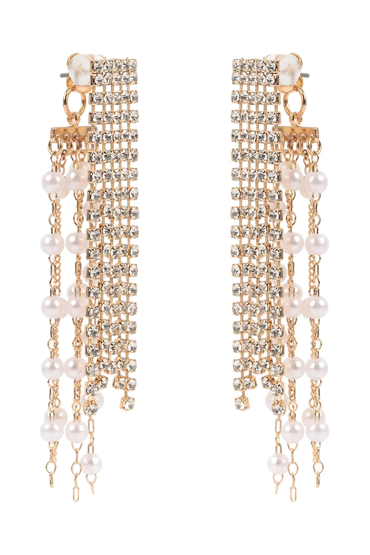 PEARL RHINESTONE FRINGE FRONT BACK DROP EARRINGS