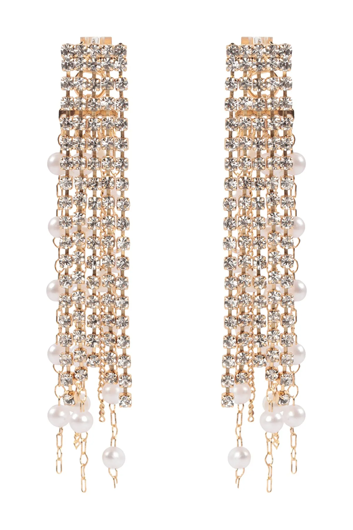 PEARL RHINESTONE FRINGE FRONT BACK DROP EARRINGS