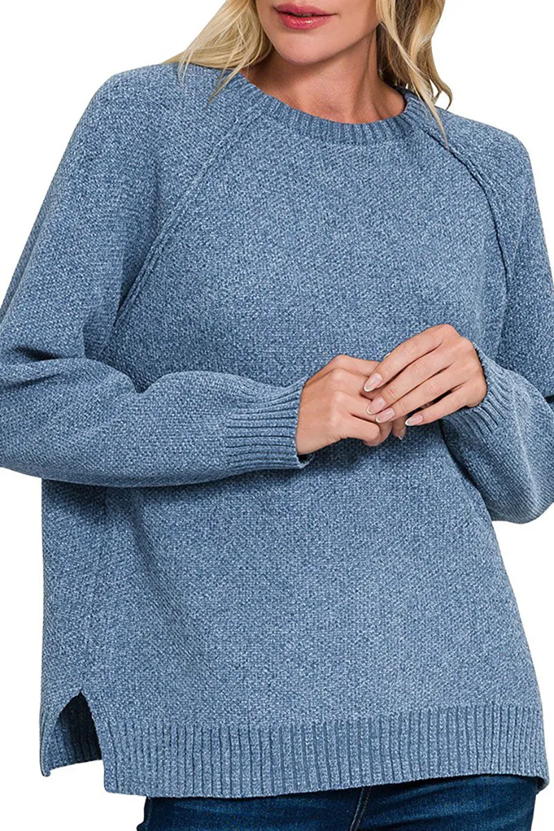 Perfectly You Dusty Blue Chenille Raglan Sweater