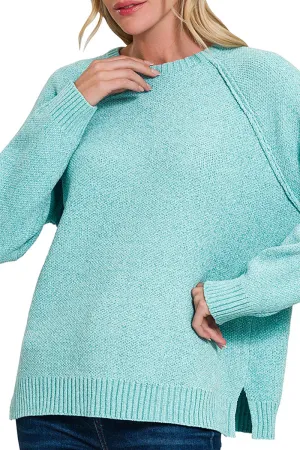 Perfectly You Dusty Teal Chenille Raglan Sweater
