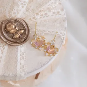 Pink Cat's Eye & Crystal Cubic Zirconia Heart Drop Earrings