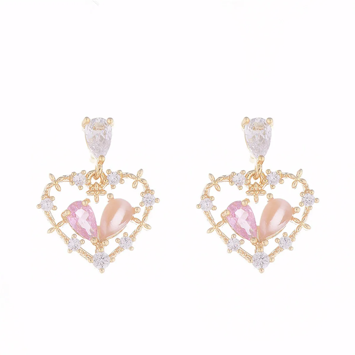 Pink Cat's Eye & Crystal Cubic Zirconia Heart Drop Earrings