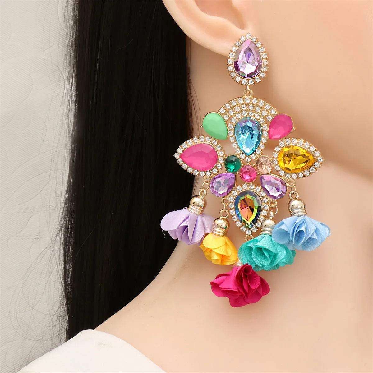 Pink Multicolor Crystal & Cubic Zirconia Chandelier Drop Earrings
