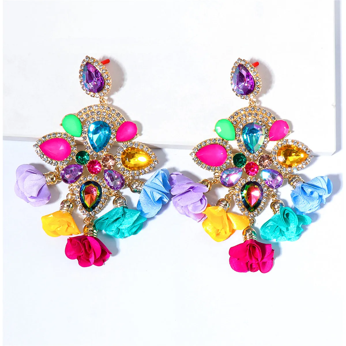 Pink Multicolor Crystal & Cubic Zirconia Chandelier Drop Earrings