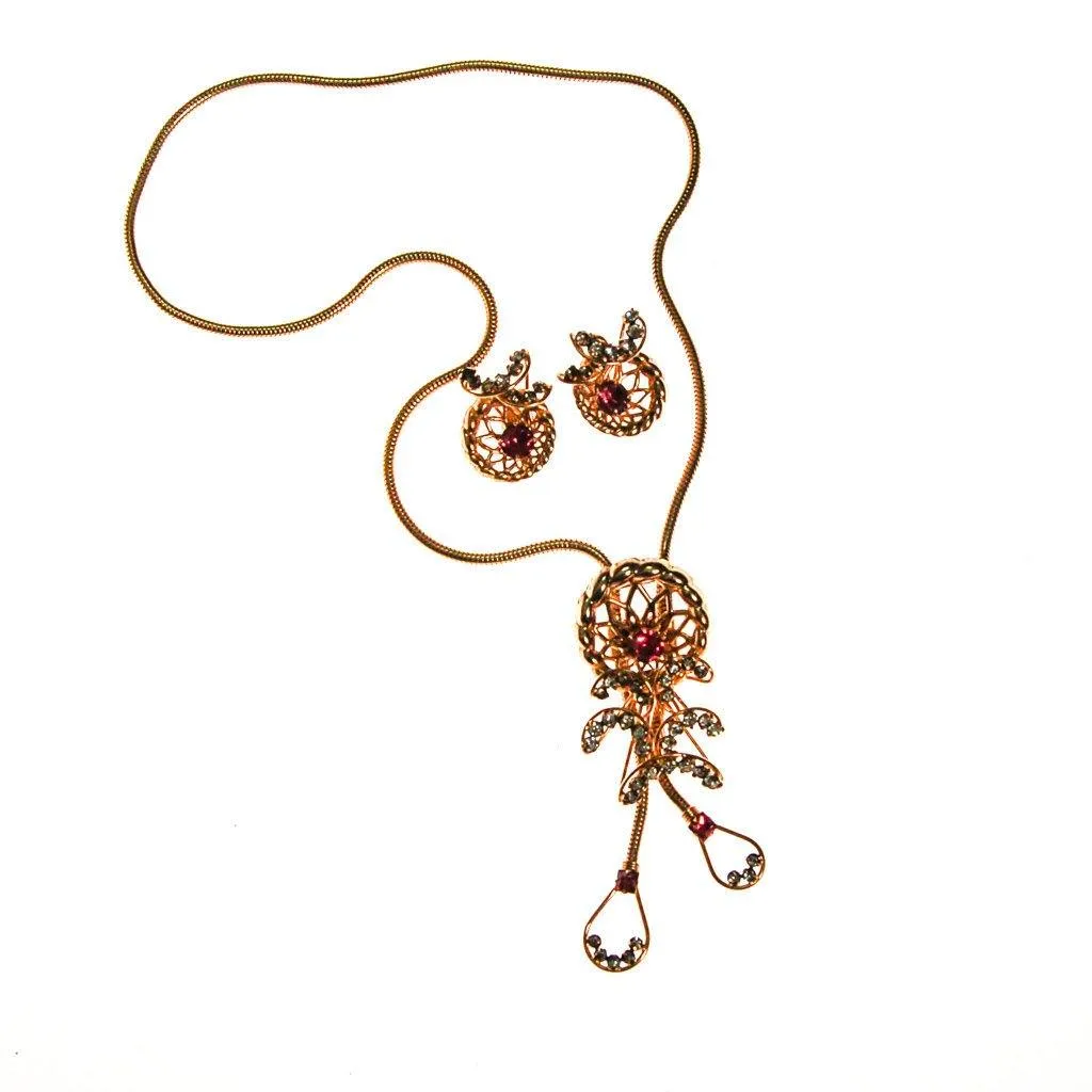 Pink Rhinestone Lariat Necklace and Earrings Set by Phyllis Originals