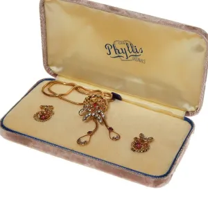 Pink Rhinestone Lariat Necklace and Earrings Set by Phyllis Originals